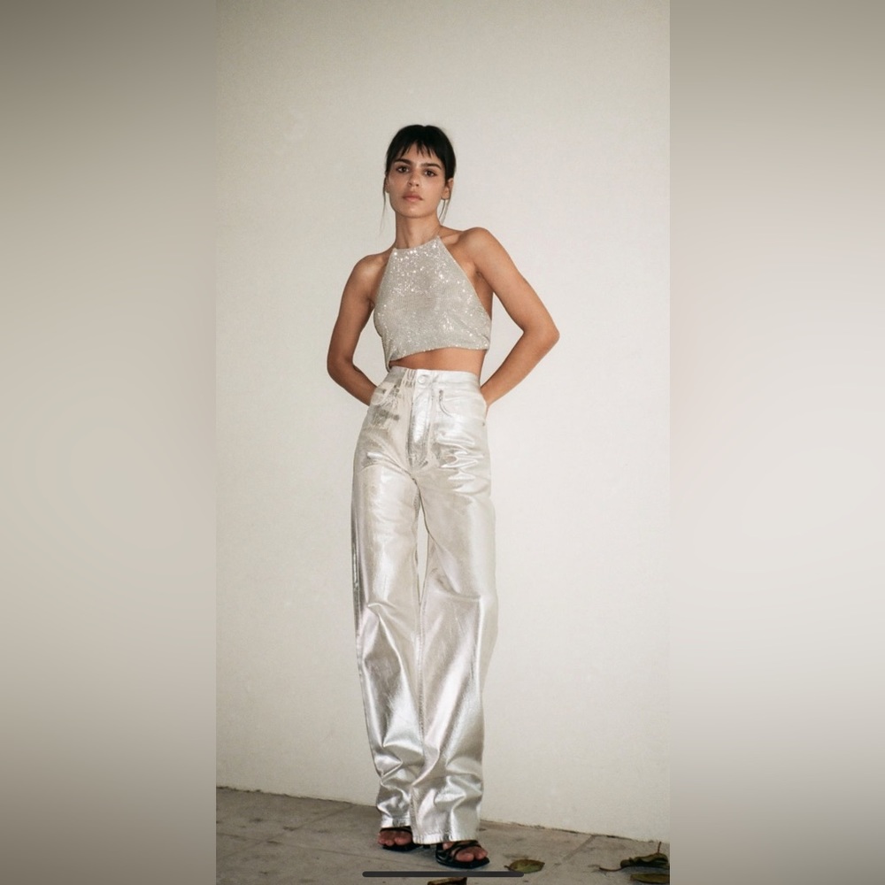 Zara ZW MID-RISE BOYFRIEND metallic silver JEANS😍